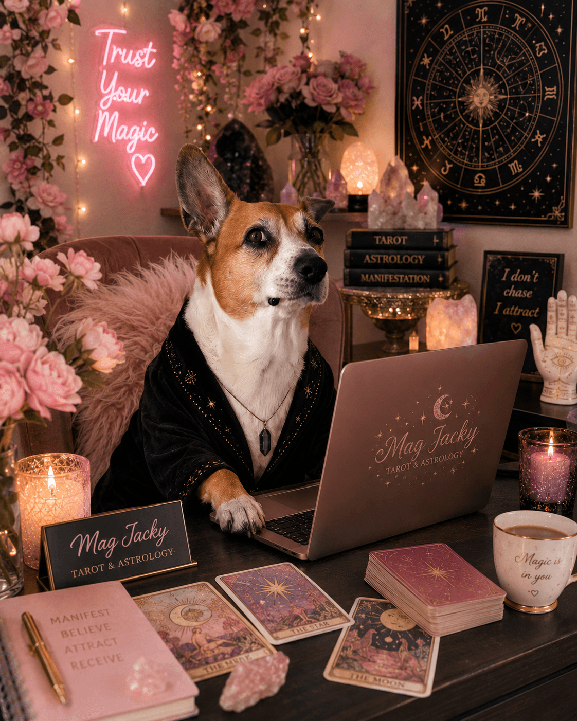 A tan Corgi and Jack Russell Terrier mix wearing a professional charcoal suit and gold tie